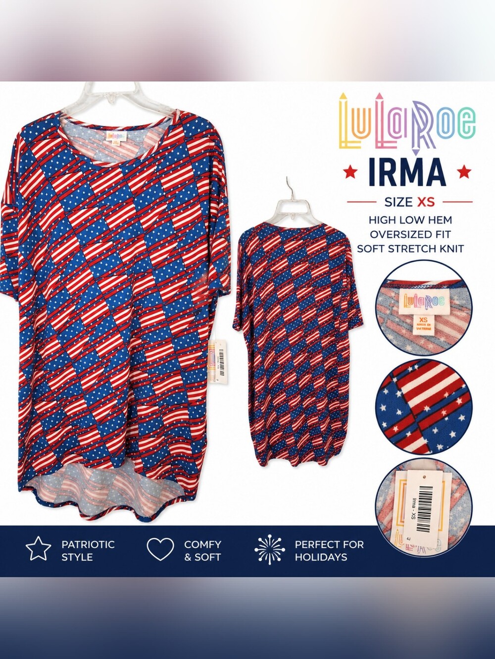 LuLaRoe Irma Tunic Top XS American Flag Print High Low Patriotic 4th of July USA